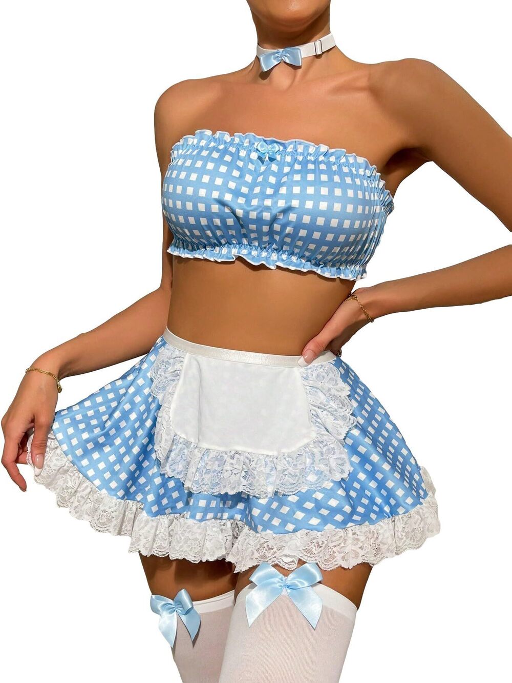 1341 Plaid Lace Frill Maid Lingerie Costume Set with Choker and Mesh
